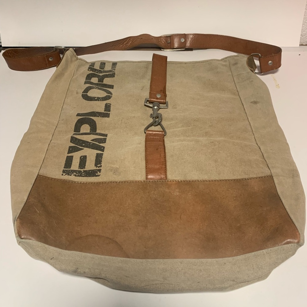 Tote Leather distressed canvas Mona B Repurposed Satchel Brown Unique Handbag